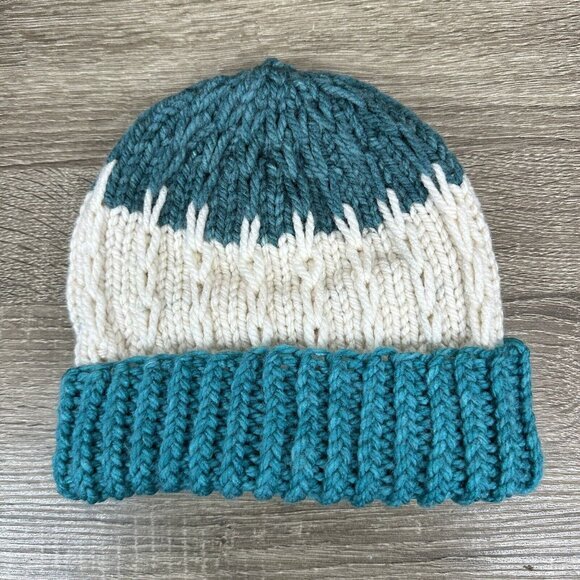 Handmade Unisex New Teal Cream Cable Knit Colorblock Winter Beanie Hat M/L - Picture 5 of 9